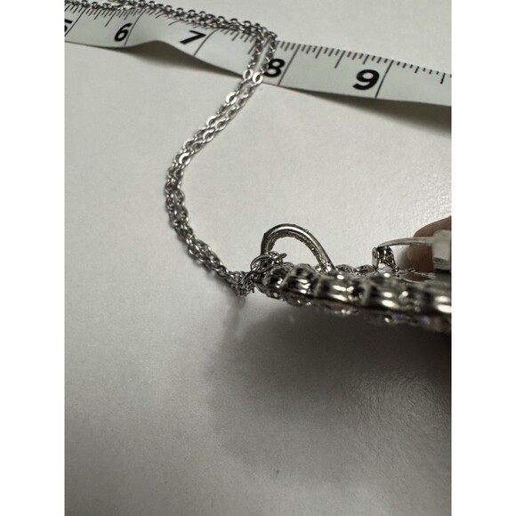 Vintage Abalone Cameo Pendant Brooch w Rhinestones on 24 Inch Silver Tone Chain - Picture 4 of 8